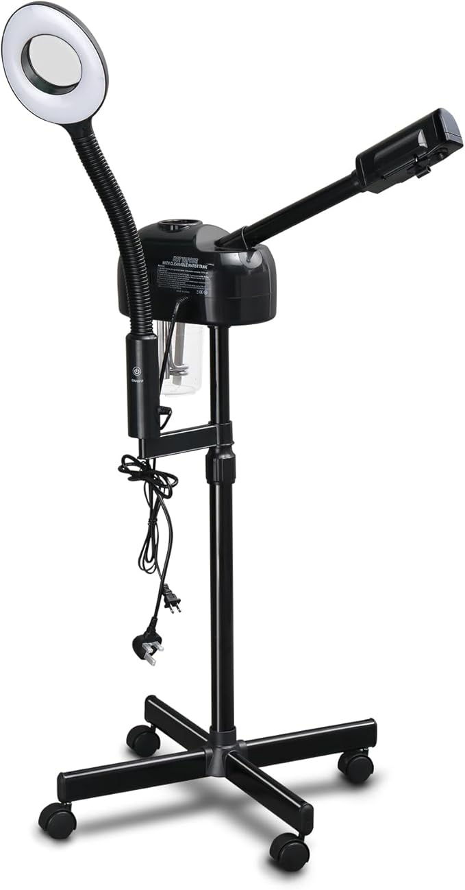 2-in-1 Professional Facial Steamer with 3X Magnifying Lamp, Ozone Face Steamer with Adjustable Height, Rolling Stand, 750W, Black
