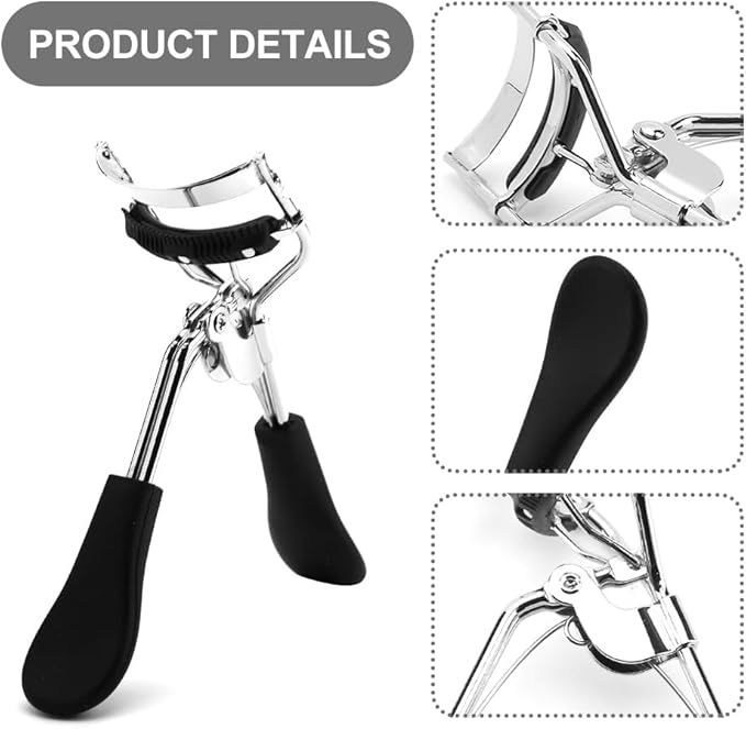 Eye Lash Curler with 6PCS Extra Replacement Strips, Professional Makeup Tool for Eyelashes, Easy & Comfortable to Grip and Use Metal Eyelash Curler(Color:Black)