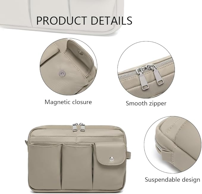 Storage Bag-arge Cosmetic Bag for Women Travel Makeup Bag Zip Up Bag Pure Cotton Canvas Can be Suspended (Khaki)