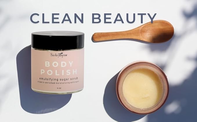 Sacksy Thyme Body Polish - Body Scrub for Soft Silky Skin - Vitamin-Enriched Moisturizing Exfoliator - Plant Based, Vegan, Non-Toxic - All Natural Luxurious Goodness - Made in USA (4oz)