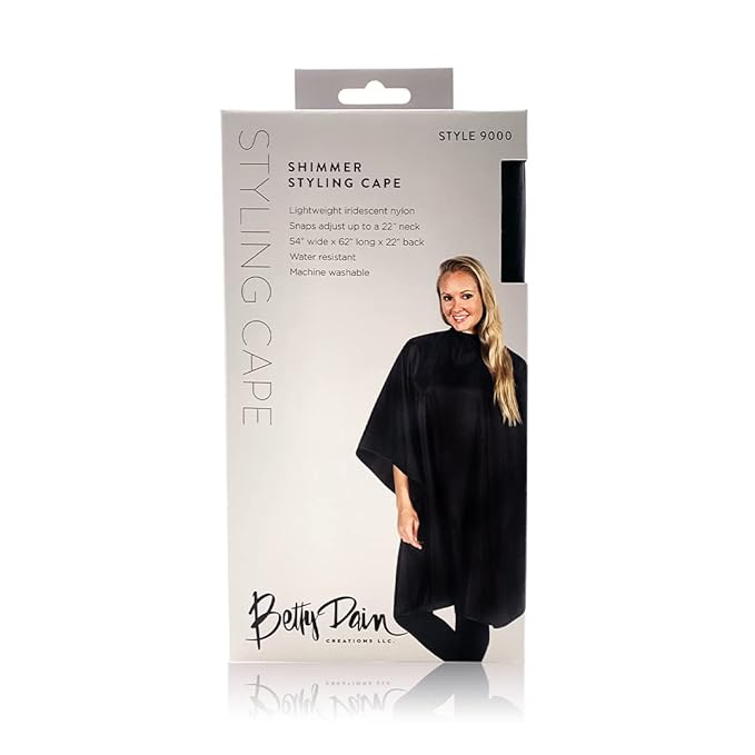 Betty Dain Shimmer Cutting/Styling Cape, Lightweight Iridescent Nylon, Snaps Adjust Up To 22 Inch Neck Closure, Water Resistant, 54" Wide x 62" Length x 22" Back, Black