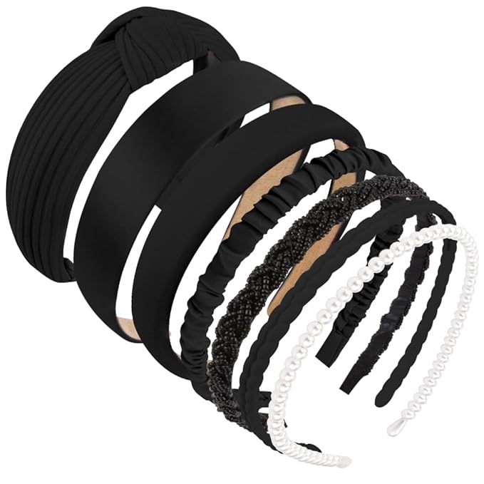AHONEY 7 Pack Black Headbands for Women Girls Headbands Non Slip Hairbands Cute Hair Accessories Multi-style Headband Pack Diademas Para Mujer (Black)