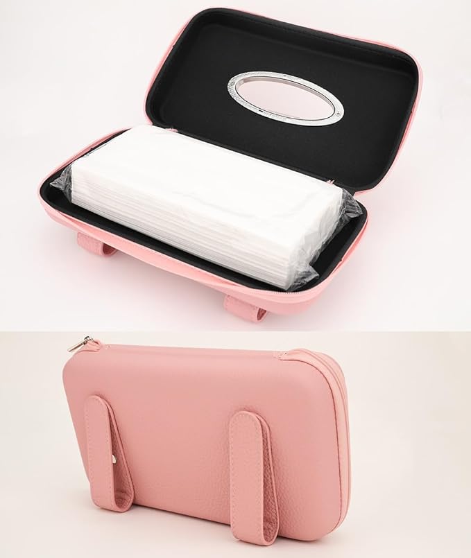 Sun Visor Tissue Holder, Zipper Napkin Holder, PU Leather Backseat Tissue Case for Vehicle (Pink)