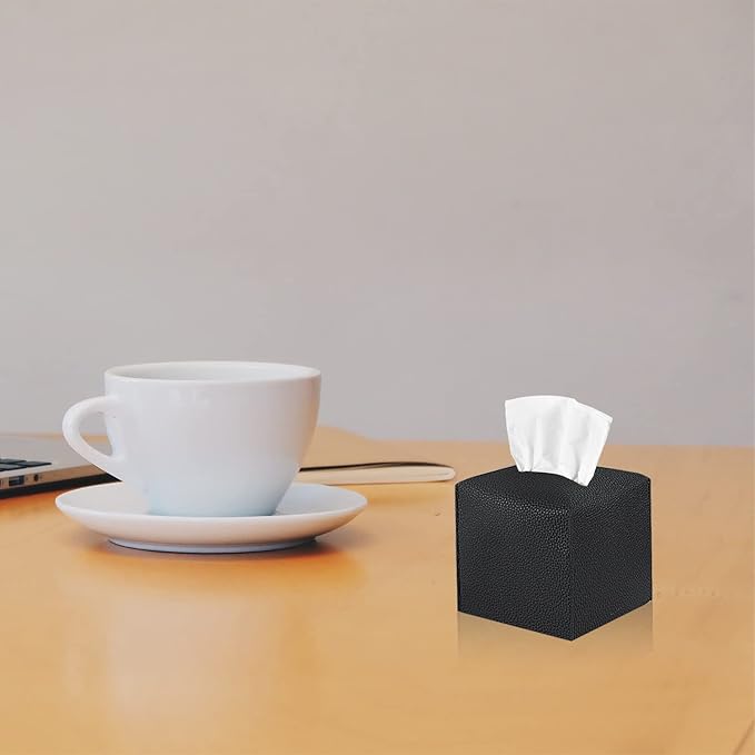 2 Pack, VIVIDLY Tissue Box Cover Holder, Square Modern PU Leather Tissue Box Holder, Can be Used for Bathroom Dressing Table, Bedside Table, Office Desk & Car 5"X5"X5"- (Black, 2)