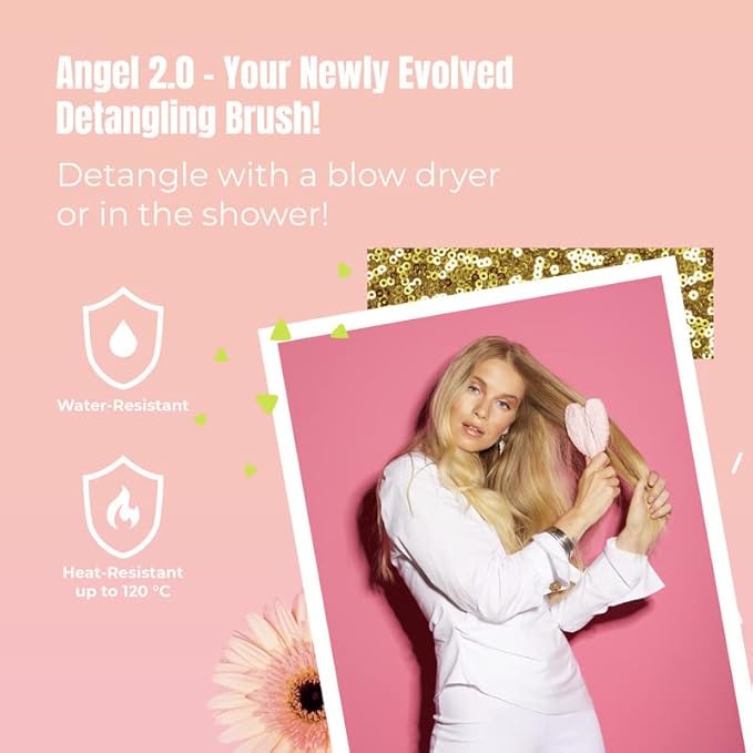 Detangling Hair Brush - Anti Static Angel Wing Hair Brush with Soft & Flexible Bristle for Straight & Wavy Hair - Tangle Angel Hair Detangler Brushes for Blow Drying & Shower - Gloss White & Pink
