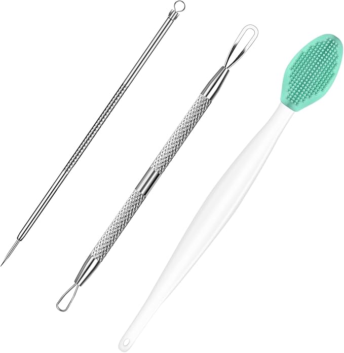 3Pcs Blackhead Remover Pimple Popper Tool Kit Pimple Extractor Acne Treatment Surgical Grade Blackhead Comedone Removal Popper Tool Cleaning Brush for Face Nose Lips