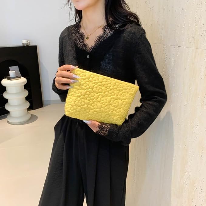 Puffy Quilted Makeup Bag for Women, Cosmetic Bag, Travel Toiletry Organizer Pouch Clutch (Yellow Flowers)
