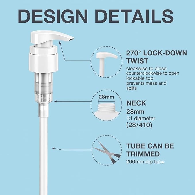 Universal Shampoo/Conditioner Dispenser Pump for Bottles, Leak Proof, Pump Top Fits 1 L/33.8 oz Bottles, 28/410 Neck Size (White - Pack of 4)