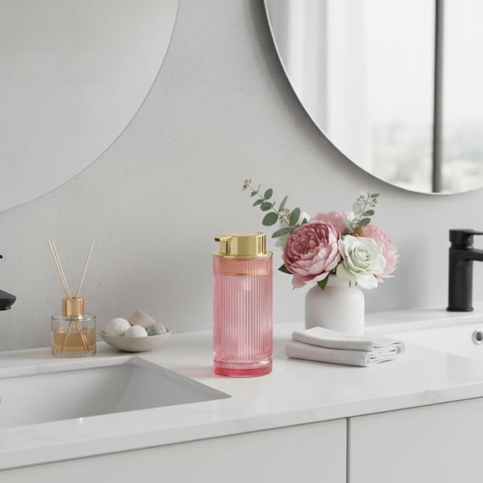 Foaming Soap Dispenser, Pink Glass Foam Hand Soap Dispenser with Gold Pump, 14 Oz Bathroom Refillable Liquid Lotion Pump Ribbed Bottle Container for Kitchen Countertop Decor, 1