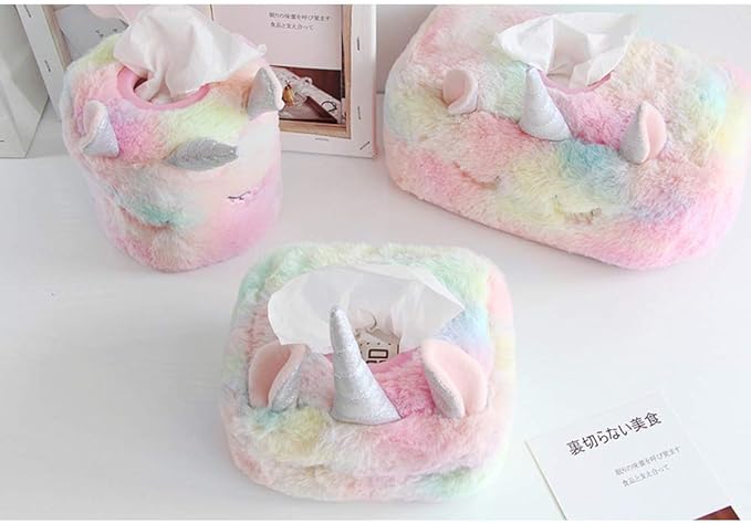 Colorful Unicorn Tissue Box Cover, Cute Plush Tissue Box Holder Decorative Facial Tissue Holder Napkin Holder for Home, Office, Nursery and Car (Rectangle)