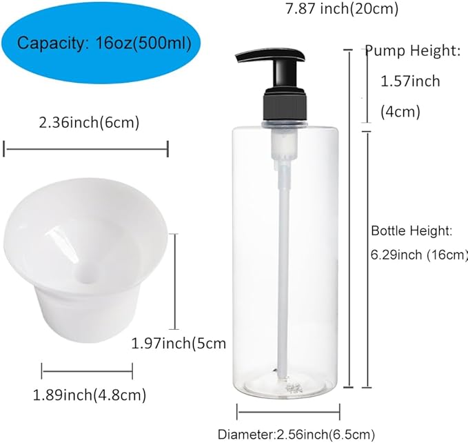 6 Pack 16 oz Plastic Pump Dispenser Bottles for Massage Oil, Shampoo, Lotions, Body Wash Pump Bottles, Hand Sanitizer Refillable Containers with Pump, 1 Funnel, 8 Chalk Labels