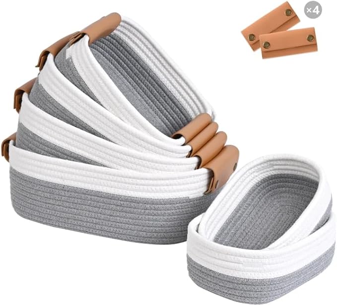 Storage Baskets for Organizing, Small Woven Basket Set of 6-4 Shelf Basket with Leather Handle and 2 Small Gift Baskets, Cotton Rope Basket for Shelves, Nursery, Dog Toy, Bathroom