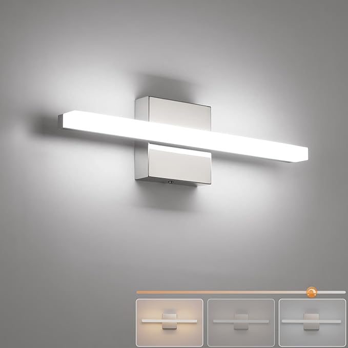 Combuh 16Inch LED Bathroom Vanity Light Bar Color Changing 3CCT Dimmable Shining Over Mirror Lighting Fixture Indoor Wall Sconces Modern 9W Chrome