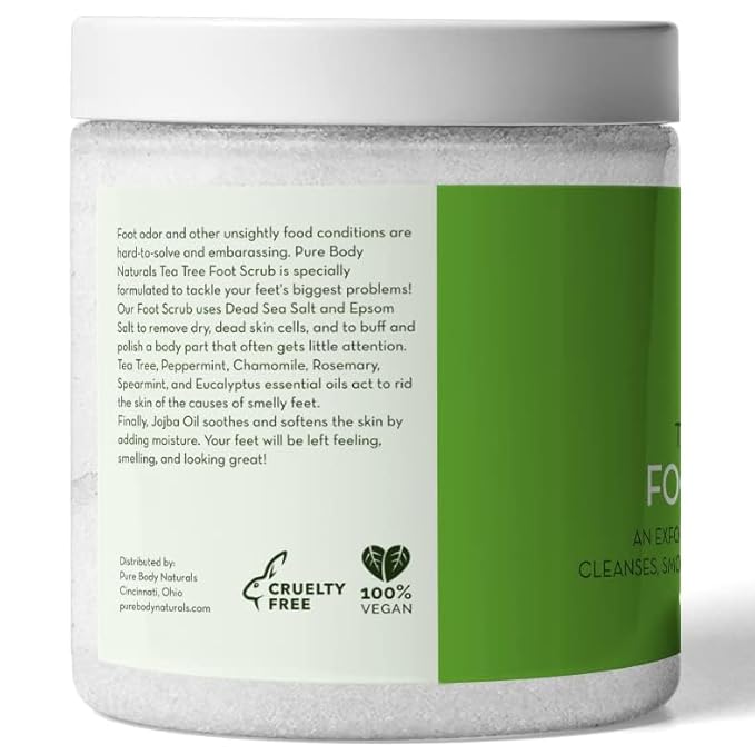 Pure Body Naturals Tea Tree Oil Foot Scrub, 12 ounces - Cleanses and Exfoliates - Attacks the Cause of Smelly Feet - Great for Athletes