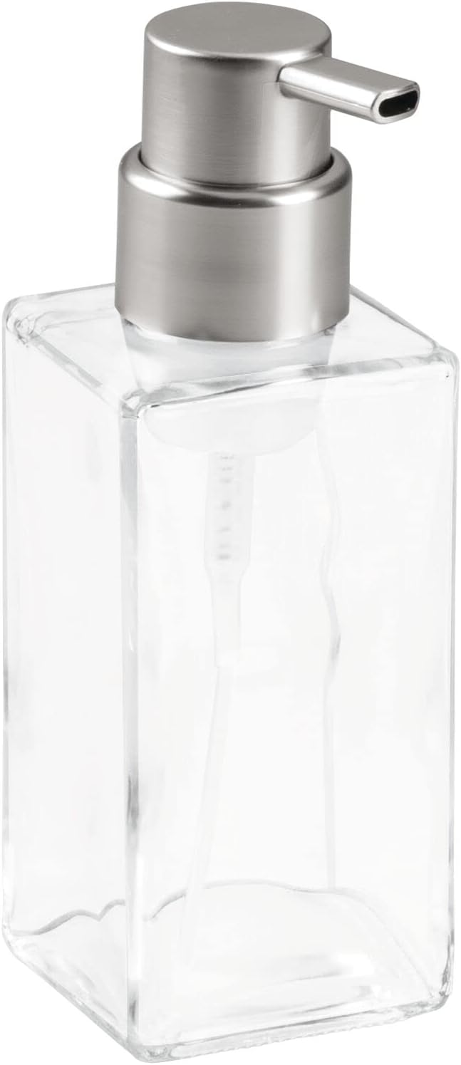 mDesign Glass Refillable Foaming Hand Soap Dispenser Modern Square Pump Bottle for Bathroom Vanity or Kitchen Sink, Countertops - Casi Collection - 2 Pack - Blue/Brushed, Clear/Brushed