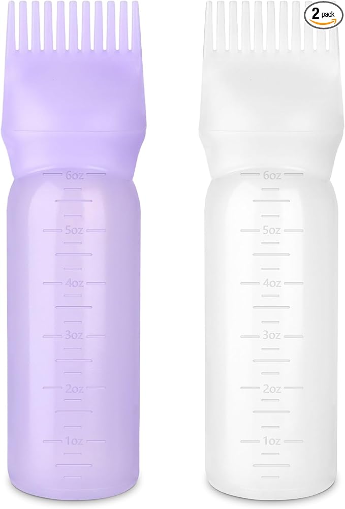 2 Pack Root Comb Applicator Bottle Oil Applicator for Hair Dye Hair Oiling Bottle with Graduated Scale, 6 Ounce (Purple & White)