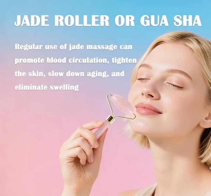 Jade Roller Gua Sha Tools – Nature Gua Sha Facial Tool Skin Tightening Face Massager Anti-Aging Jade Face Roller Puffiness Reducing Guasha Stone for Women Men (Light Pink)