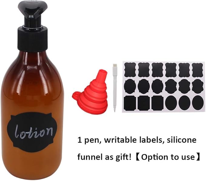 8 Pack 8OZ Empty Plastic Pump Lotion Bottles with 1 Pen, Labels & Silicone Funnel, Amber Color Lotion Dispenser with Locking Lotion Pump for Body Wash, Shampoo, Massage Lotion, Gel