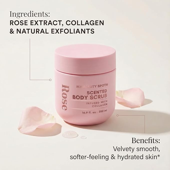 My Beauty Spot Scented Body Scrub for Women - Rose Scented Body Scrub, Natural Exfoliating Body Scrub, Skin Exfoliator Infused with Collagen, Romoves Dead Skin From Body - Large 500 ml. 16.9 fl oz.