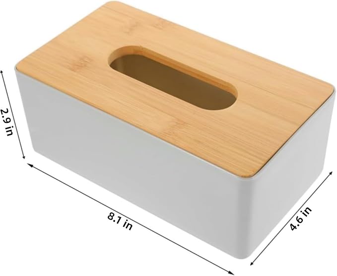 Tissue Box with Bamboo Cover,Plastic Tissue Organizer,Bathroom Tissue Dispenser for Home,Bedroom,Office,Living Room,8.1×4.6×2.9 in (Grey)