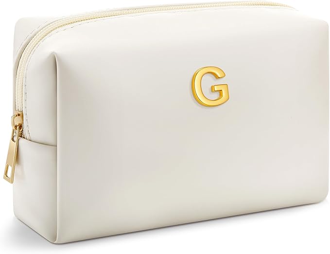 Kigeli Initial Makeup Bag for Women Beige Leather Easter Basket Gifts Monogram Cosmetic Bag Small Travel Toiletry Pouch Wedding Birthday Graduation Bridesmaid Gifts for Teen Girls Women Teachers(G)