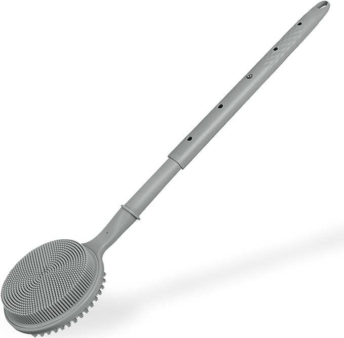Back Scrubber for Shower, (16-24 Inch) Extendable Bath Brush Long Handle for Shower, Silicone Body Scrubber with Handle, Back Brush for Shower Men and Women,Easy to Clean (Gray)