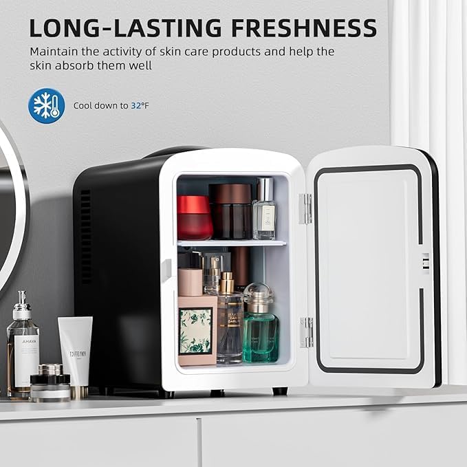 Compact Refrigerator, Portable Mini Fridge, Skin Care 4L/6 Cans, for Bedroom, Car, Office & Dorm, Small Cooler for Cosmetics, Beverage and Food, Black