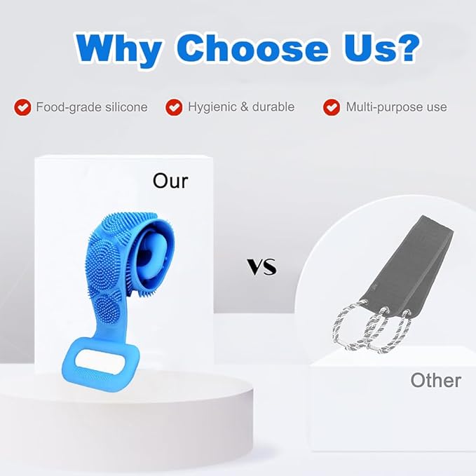 Silicone Back Scrubber for Shower, Dual-Sided Back Exfoliator Washer Scrub Strap -, Exfoliate and Massage, Hygienic, Durable and Easy to Clean, Blue and Purple 2 Pack