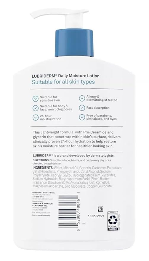 Lubriderm Daily Moisture Hydrating Body and Hand Lotion with Vitamin B5, Non-Greasy, 16 fl Oz, Package may vary