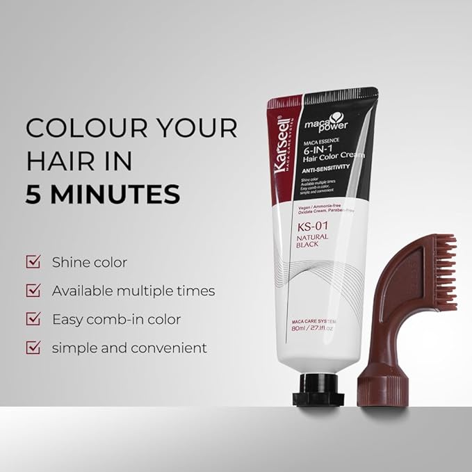 Karseell Hair Dye with Comb Applicator, Maca essence 6-IN-1 Ammonia Free No Mix Hair Color for 100 Percent Gray Coverage Hair Dye, 80ml-Black