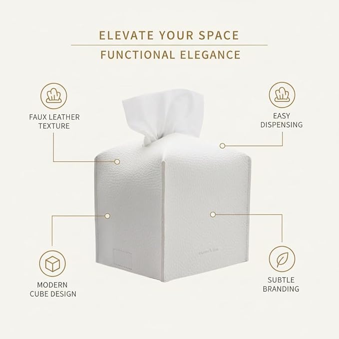 Tissue Box Cover Holder, Square with Bottom Belt by Carrot's Den - PU Leather Decorative Organizer for Tabletop, Bathroom, Car, Office | Charcoal