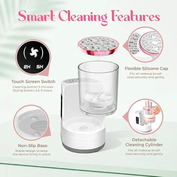 BRISEL 3-in-1 Makeup Brush Cleaner Machine & Dryer – Electric Automatic Washer, Deep Clean & Dry in Minutes, USB Powered with LED, Fits All Brush Sizes (White & Rose Gold)