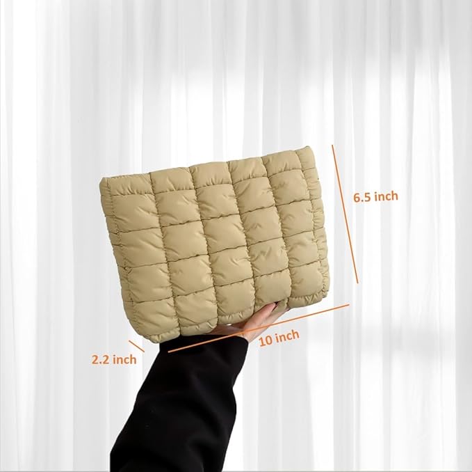 Puffy Quilted Makeup Bag for Women, Cosmetic Bag, Travel Toiletry Organizer Pouch Clutch (khaki)