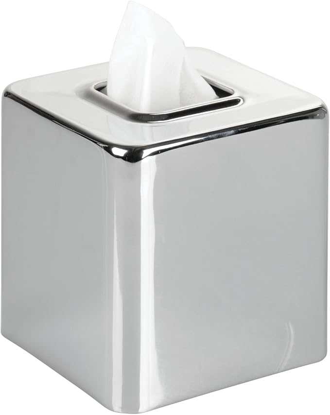 mDesign Metal Square Tissue Box Cover, Modern Facial Paper Holder - Accessories for Bathroom Vanity Countertop, Bedroom Dresser, Night Stand, Desk, Office and End Table - Unity Collection - Chrome