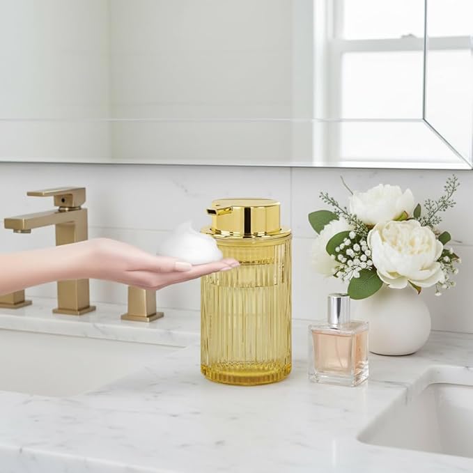 Foaming Soap Dispenser, 12 Oz Amber Glass Foam Hand Soap Dispenser, Refillable Glass Foam Pump Bottle Container Decorative Slim Ribbed Bottle for Bathroom and Kitchen
