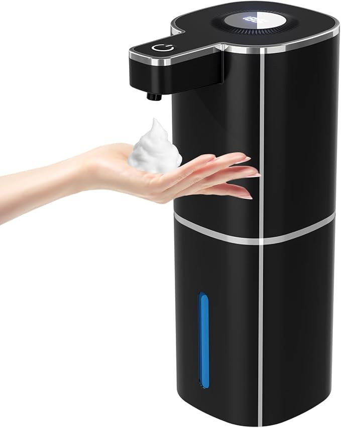 Automatic Foaming Soap Dispenser, Touchless Rechargeable Hand Soap Dispenser, 4 Adjustable Levels, 1200mAh Battery, Large Display, for Kitchen & Bathroom (Black, Foaming)
