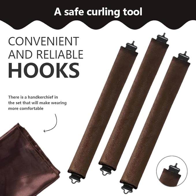Heatless Curls Overnight Set of 3 with 1 Scarf - Heatless Hair Curler, Overnight Blowout Rods for Blowout Look Long Hair (Brown)