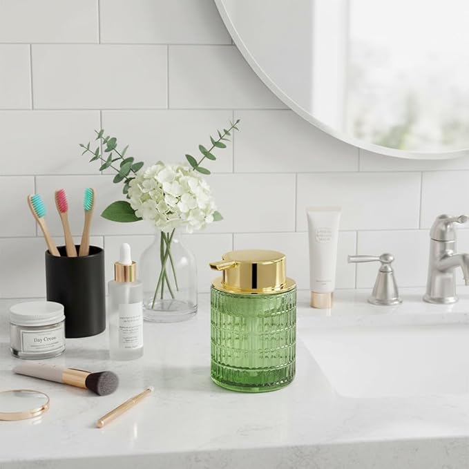 2pcs Green Foaming Soap Dispenser, Glass Foam Hand Soap Dispenser with Gold Pump, 10 Oz Bathroom Refillable Liquid Lotion Pump Ribbed Bottle Container for Countertop Decor