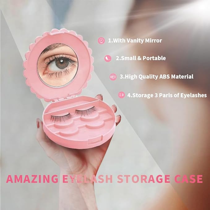 Cosmetic Case with Mirror Eyelash Case Makeup Storage Box Travel Cosmetic Bag Pink Place Eyelashes