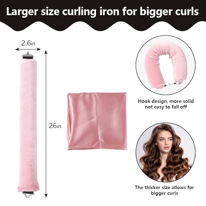 Heatless Curls Overnight Set of 3 with 1 Scarf - Heatless Hair Curler, Overnight Blowout Rods for Blowout Look Long Hair (Pink)