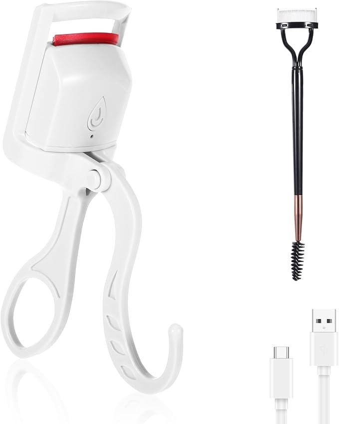 Heated Eyelash Curler, Fast Heat Up in 3s and 24h Long-Lasting Eye Lash Curler for Women, Safe Anti-Burn Heated Lash Curlers, USB Rechargeable Eyelash Curlers with Sensing Heating Silicone Pad(White)