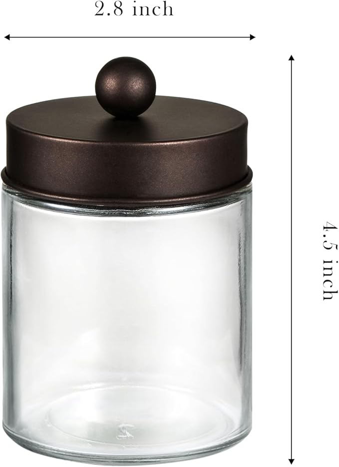 SheeChung Qtip Dispenser Holder 4pcs, Glass Apothecary Jars with Bronze Stainless Steel Lids &Stickers, Countertop Canister Guest Bathroom Storage Organizer Set for Cotton Swabs/Balls, Floss Picks