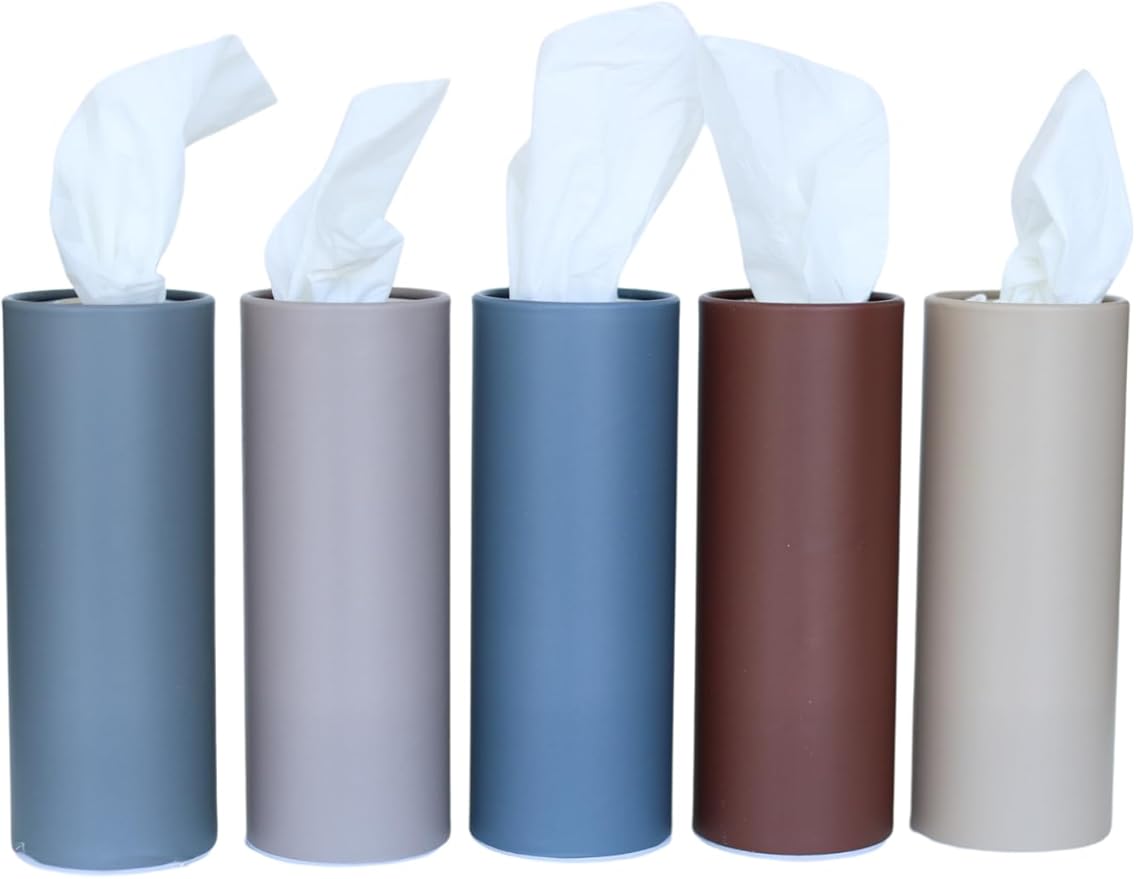 Cylinder Car Facial Tissue Holder, 5 Pack, 50 Tissues Per Cylinder, with Easy Open Lid, 3-Ply Tissues for Your car, Home and Office. Geometric Patterns (Matte Palette)