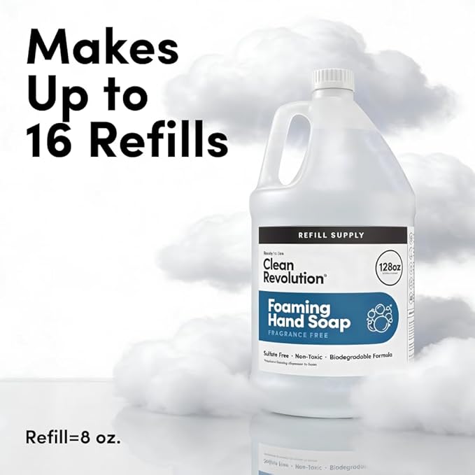 Clean Revolution Foaming Hand Soap Refill Supply, Gentle, Moisturizing & Eco-Friendly, Ready to Use Formula, Gluten Free, Unscented, Fragrance Free, 128 Fl Oz
