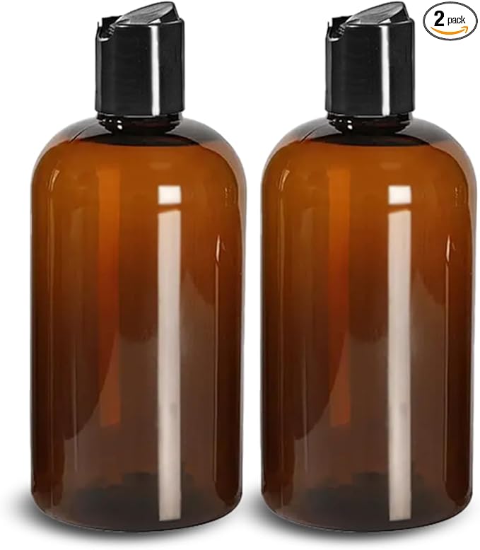 ljdeals 8 oz Amber Plastic Empty Bottles with Black Disc Top Caps, Refillable Containers for Shampoo, Lotions, Cream and More, BPA Free, Pack of 2, Made in USA