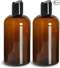 ljdeals 8 oz Amber Plastic Empty Bottles with Black Disc Top Caps, Refillable Containers for Shampoo, Lotions, Cream and More, BPA Free, Pack of 2, Made in USA