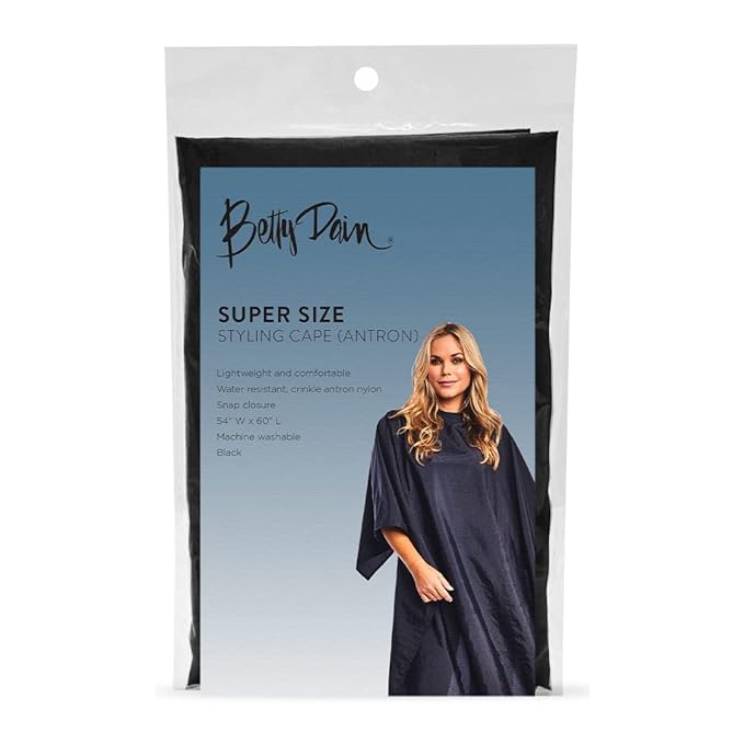 Betty Dain Lightweight Crinkle Nylon Hair Cutting/Styling Cape, Water Resistant, Ultra Lightweight Crinkle Antron Nylon, Repels Hair, Neck Snap Closure, Generous 54 x 60 Inch Size, Black