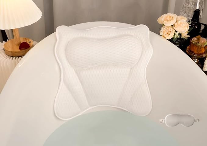 Bath Pillow, Luxury Bath Pillows for Neck Head and Back Support,Bathtub Pillow with Soft 4D Breathable Mesh Fabric and Nonslip Suction Cups,Relaxing Bath Accessories .(White)