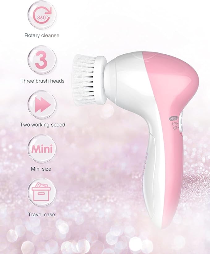 Electric Facial Cleansing Brush for Women, 3-in-1 Face Cleanser and Exfoliator Brush with 3 Brush Heads, 2 Speeds, Waterproof Spin Brush, Travel Size Case, Perfect for Valentine's Day (Pink)