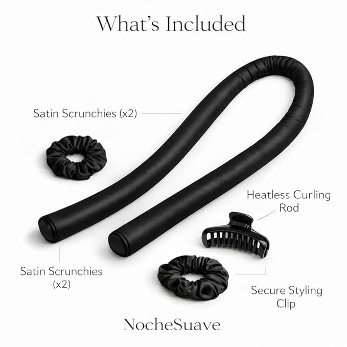 NocheSuave Heatless Hair Curler – Satin Curling Rod for Overnight Curls While Sleeping, No Heat Damage, Soft Waves Hair Curlers to Sleep In for Long & Medium Hair (Black Kit)